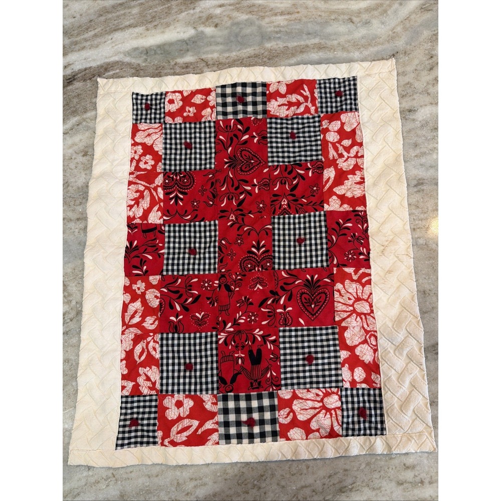Patchwork Quilt - Handmade Baby/ Doll Blanket 15" x 18" Red Black White VTG